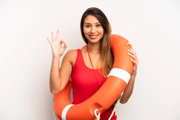 Asian Young Woman Feeling Happy Showing Approval Okay Gesture Lifeguard — Stock Photo, Image