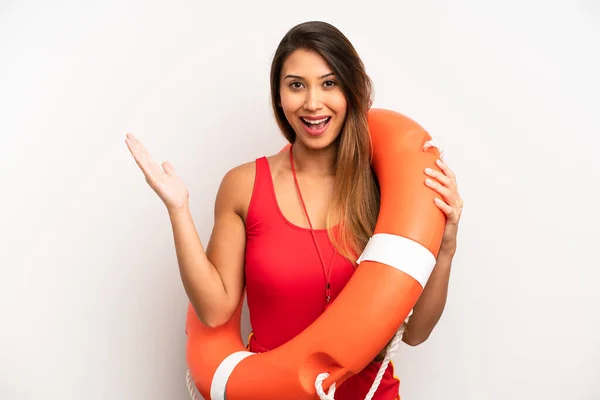 Asian Young Woman Feeling Happy Astonished Something Unbelievable Lifeguard Concept — Stock Photo, Image