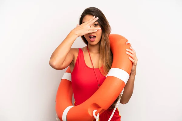 Asian Young Woman Looking Shocked Scared Terrified Covering Face Hand — Stock Photo, Image