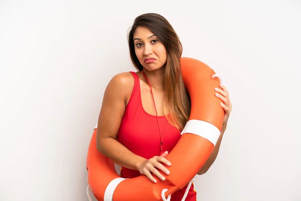Asian Young Woman Shrugging Feeling Confused Uncertain Lifeguard Concept — Stock Photo, Image