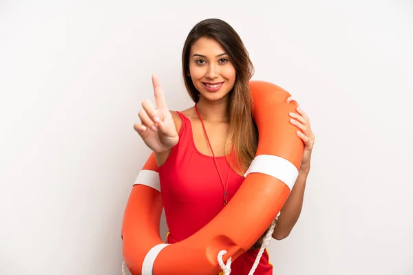 Asian Young Woman Smiling Proudly Confidently Making Number One Lifeguard — Stock Photo, Image