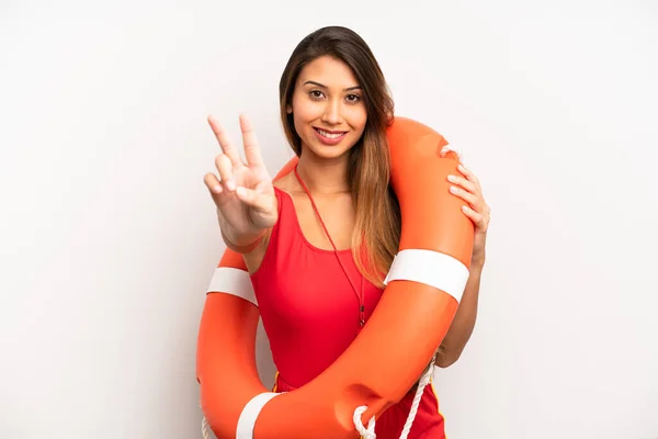 Asian Young Woman Smiling Looking Friendly Showing Number Two Lifeguard — Stock Photo, Image