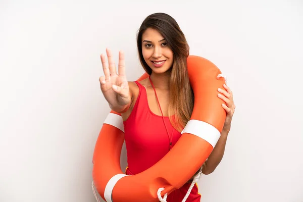 Asian Young Woman Smiling Looking Friendly Showing Number Three Lifeguard — Stock Photo, Image