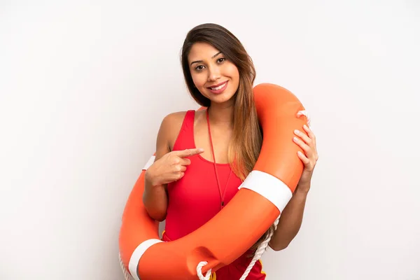 Asian Young Woman Smiling Cheerfully Feeling Happy Pointing Side Lifeguard — Stock Photo, Image