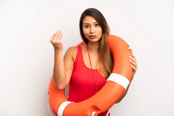 Asian Young Woman Making Capice Money Gesture Telling You Pay — Stock Photo, Image