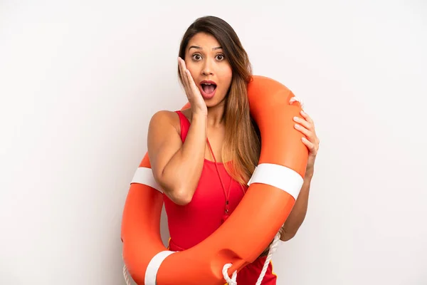Asian Young Woman Feeling Shocked Scared Lifeguard Concept — Stock Photo, Image