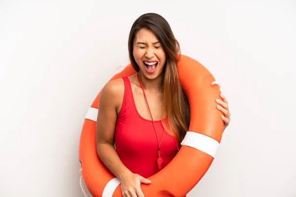 Asian Young Woman Shouting Aggressively Looking Very Angry Lifeguard Concept — Stock Photo, Image