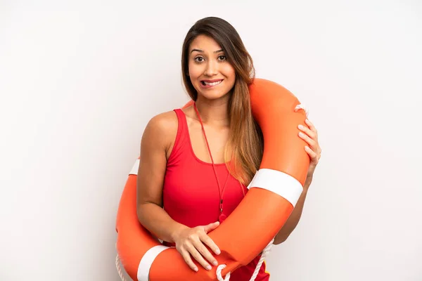 Asian Young Woman Looking Puzzled Confused Lifeguard Concept — Stock Photo, Image