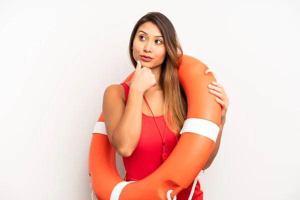 Asian Young Woman Thinking Feeling Doubtful Confused Lifeguard Concept — Stock Photo, Image