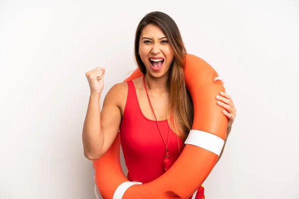 Asian Young Woman Shouting Aggressively Angry Expression Lifeguard Concept — Stock Photo, Image
