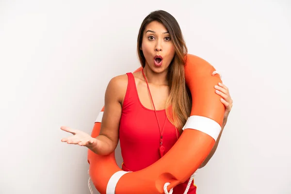 Asian Young Woman Feeling Extremely Shocked Surprised Lifeguard Concept — Stock Photo, Image