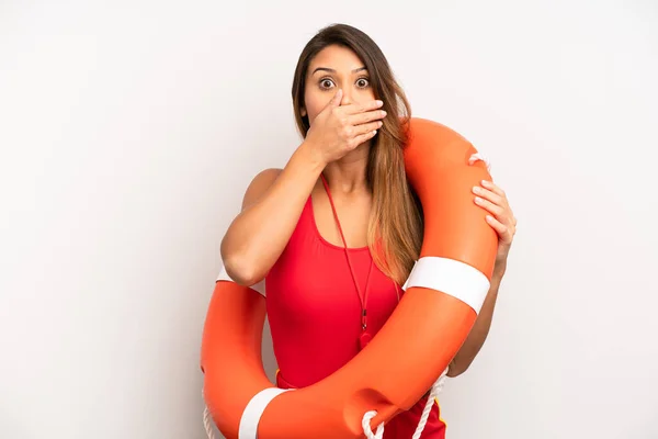 Asian Young Woman Covering Mouth Hands Shocked Lifeguard Concept — Stock Photo, Image