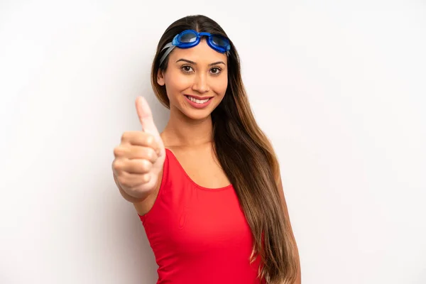 Asian Young Woman Feeling Proud Smiling Positively Thumbs Swimmer Concept — Φωτογραφία Αρχείου