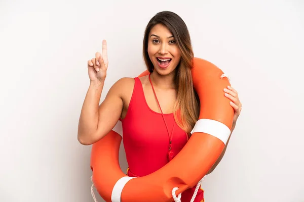 Asian Young Woman Feeling Happy Excited Genius Realizing Idea Lifeguard — Stock Photo, Image