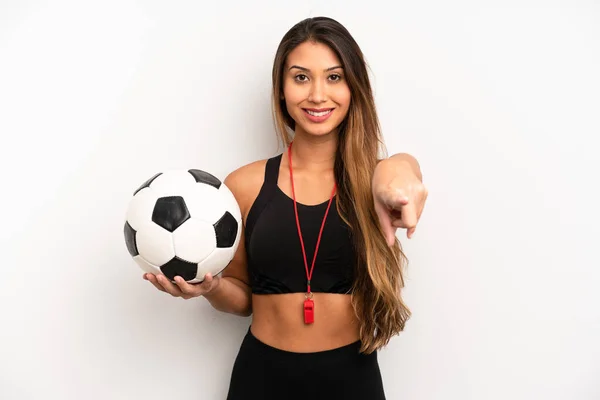 Asian Young Woman Pointing Camera Choosing You Soccer Fitness Concept — Stockfoto