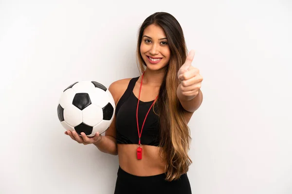 Asian Young Woman Feeling Proud Smiling Positively Thumbs Soccer Fitness — Photo