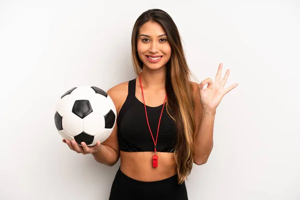 Asian Young Woman Feeling Happy Showing Approval Okay Gesture Soccer — стоковое фото