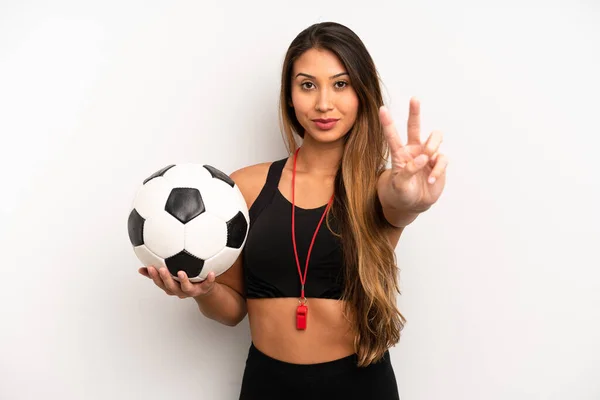 Asian Young Woman Smiling Looking Happy Gesturing Victory Peace Soccer — Stockfoto