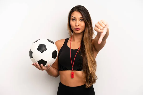 Asian Young Woman Feeling Cross Showing Thumbs Soccer Fitness Concept — Fotografia de Stock