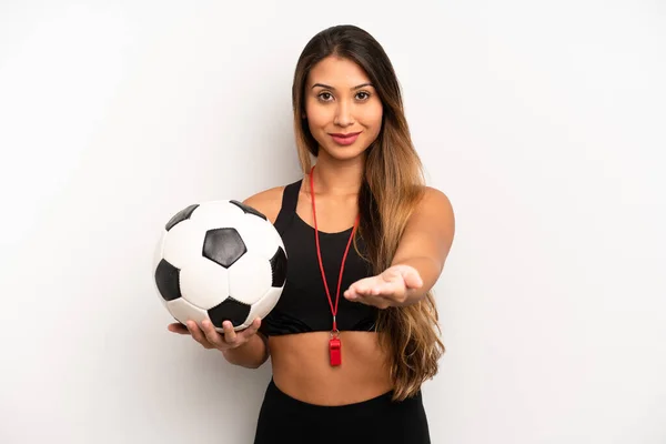 Asian Young Woman Smiling Happily Friendly Offering Showing Concept Soccer — Stockfoto