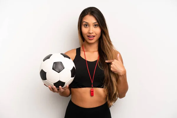 Asian Young Woman Feeling Happy Pointing Self Excited Soccer Fitness — Stockfoto