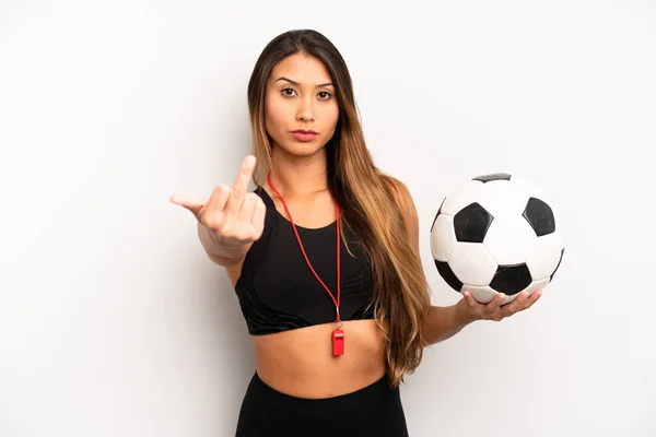 Asian Young Woman Feeling Angry Annoyed Rebellious Aggressive Soccer Fitness — стоковое фото