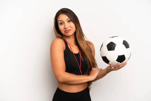 Asian Young Woman Shrugging Feeling Confused Uncertain Soccer Fitness Concept — Stockfoto