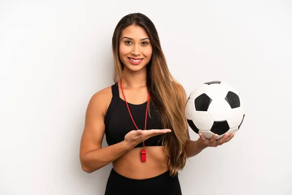 Asian Young Woman Smiling Cheerfully Feeling Happy Showing Concept Soccer — Stockfoto