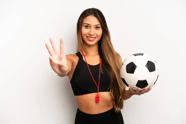 Asian Young Woman Smiling Looking Friendly Showing Number Three Soccer — Stockfoto