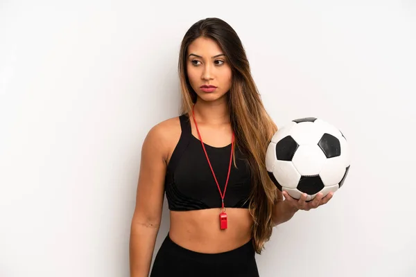 Asian Young Woman Feeling Sad Upset Angry Looking Side Soccer — Stockfoto