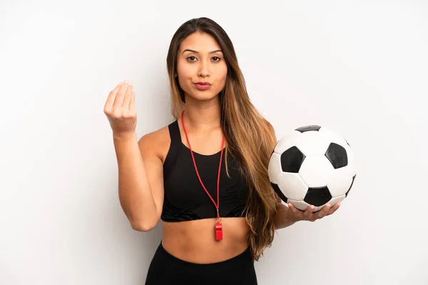 Aziatische Jonge Vrouw Maken Capice Geld Gebaar Vertellen Betalen Voetbal — Stockfoto