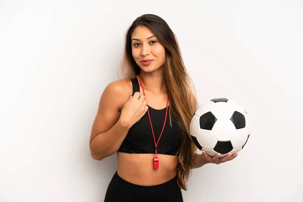 Asian Young Woman Looking Arrogant Successful Positive Proud Soccer Fitness — Stockfoto