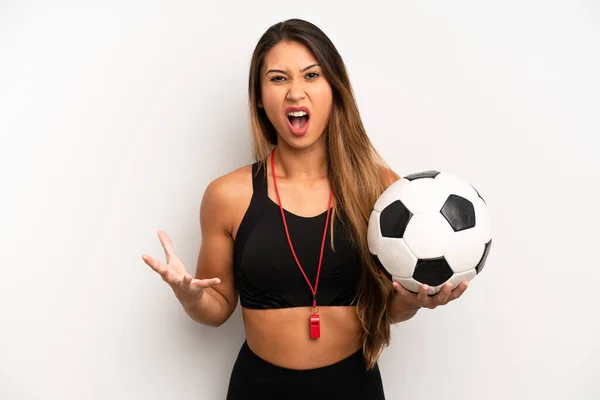 Asian Young Woman Looking Angry Annoyed Frustrated Soccer Fitness Concept — Stockfoto