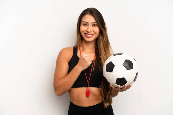 Asian Young Woman Feeling Happy Facing Challenge Celebrating Soccer Fitness — Stockfoto
