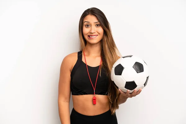 Asian Young Woman Looking Puzzled Confused Soccer Fitness Concept — Stockfoto