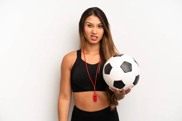 Asian Young Woman Feeling Puzzled Confused Soccer Fitness Concept — Zdjęcie stockowe