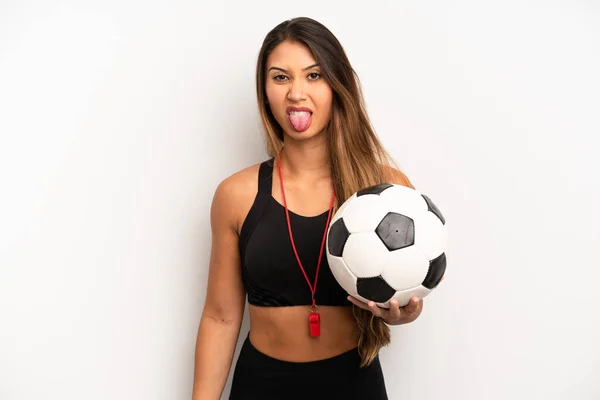 Asian Young Woman Feeling Disgusted Irritated Tongue Out Soccer Fitness — Stok fotoğraf
