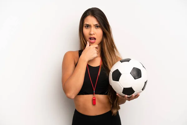 Asian Young Woman Mouth Eyes Wide Open Hand Chin Soccer — Stock Photo, Image