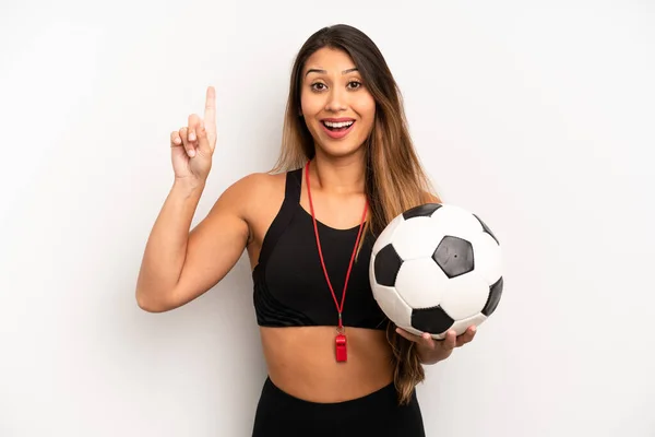 Asian Young Woman Feeling Happy Excited Genius Realizing Idea Soccer — Stockfoto