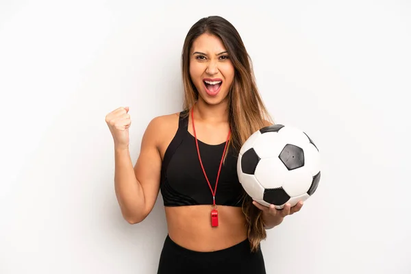 Asian Young Woman Shouting Aggressively Angry Expression Soccer Fitness Concept — Stockfoto