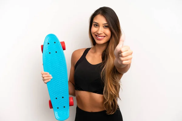 Asian Young Woman Feeling Proud Smiling Positively Thumbs Skate Board — Stockfoto