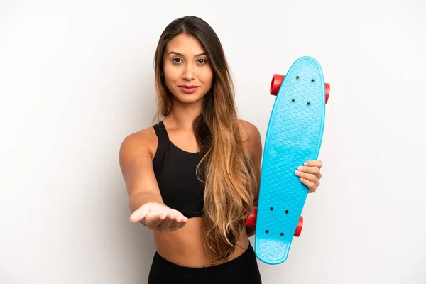 Asian Young Woman Smiling Happily Friendly Offering Showing Concept Skate — ストック写真
