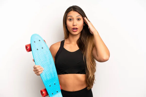 Asian Young Woman Looking Happy Astonished Surprised Skate Board Concept — Stockfoto