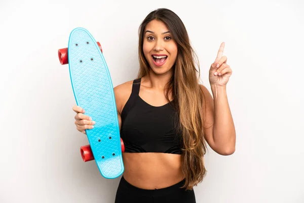 Asian Young Woman Feeling Happy Excited Genius Realizing Idea Skate — Stockfoto