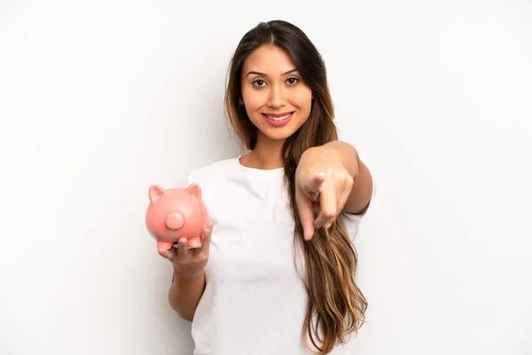 Asian Young Woman Pointing Camera Choosing You Savings Concept — Stockfoto