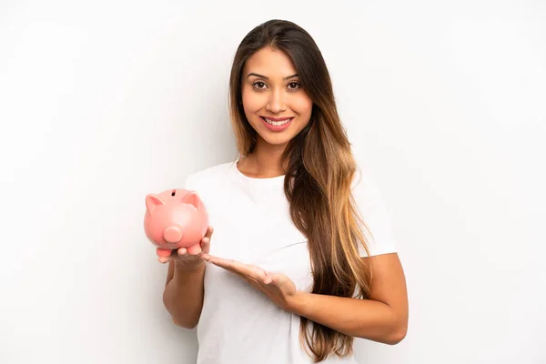 Asian Young Woman Smiling Cheerfully Feeling Happy Showing Concept Savings — Foto de Stock