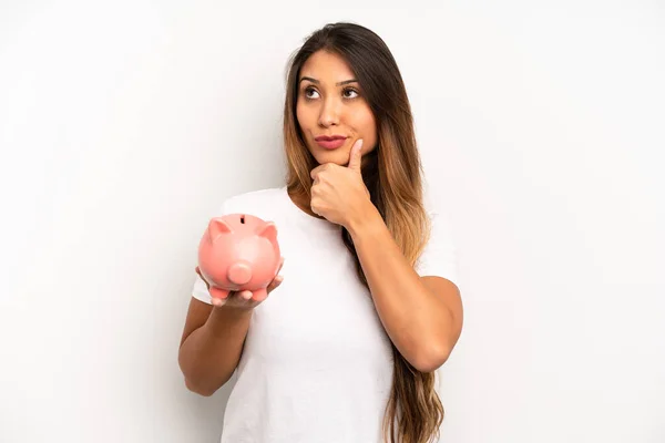 Asian Young Woman Thinking Feeling Doubtful Confused Savings Concept — Fotografia de Stock