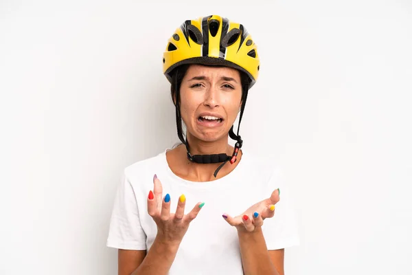 Hispanic Pretty Woman Looking Desperate Frustrated Stressed Bike Concept — Stock Photo, Image