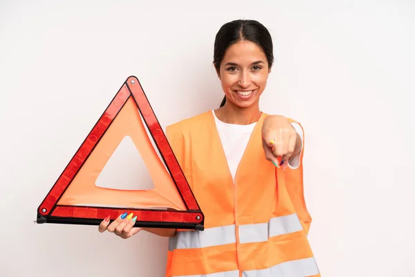 Hispanic Pretty Woman Pointing Camera Choosing You Car Emergency Concept — Stock Photo, Image