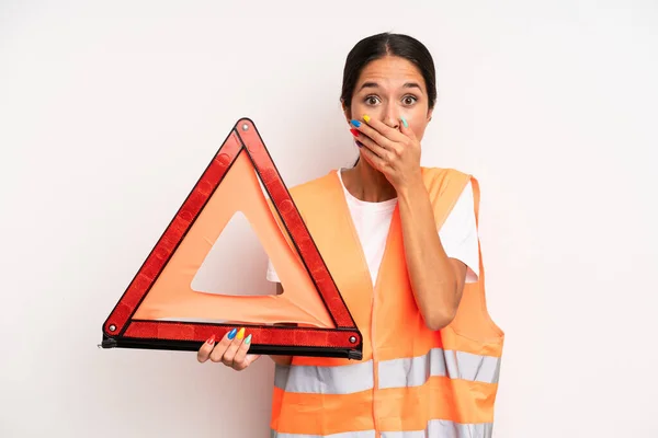 Hispanic Pretty Woman Covering Mouth Hands Shocked Car Emergency Concept — Stock Photo, Image